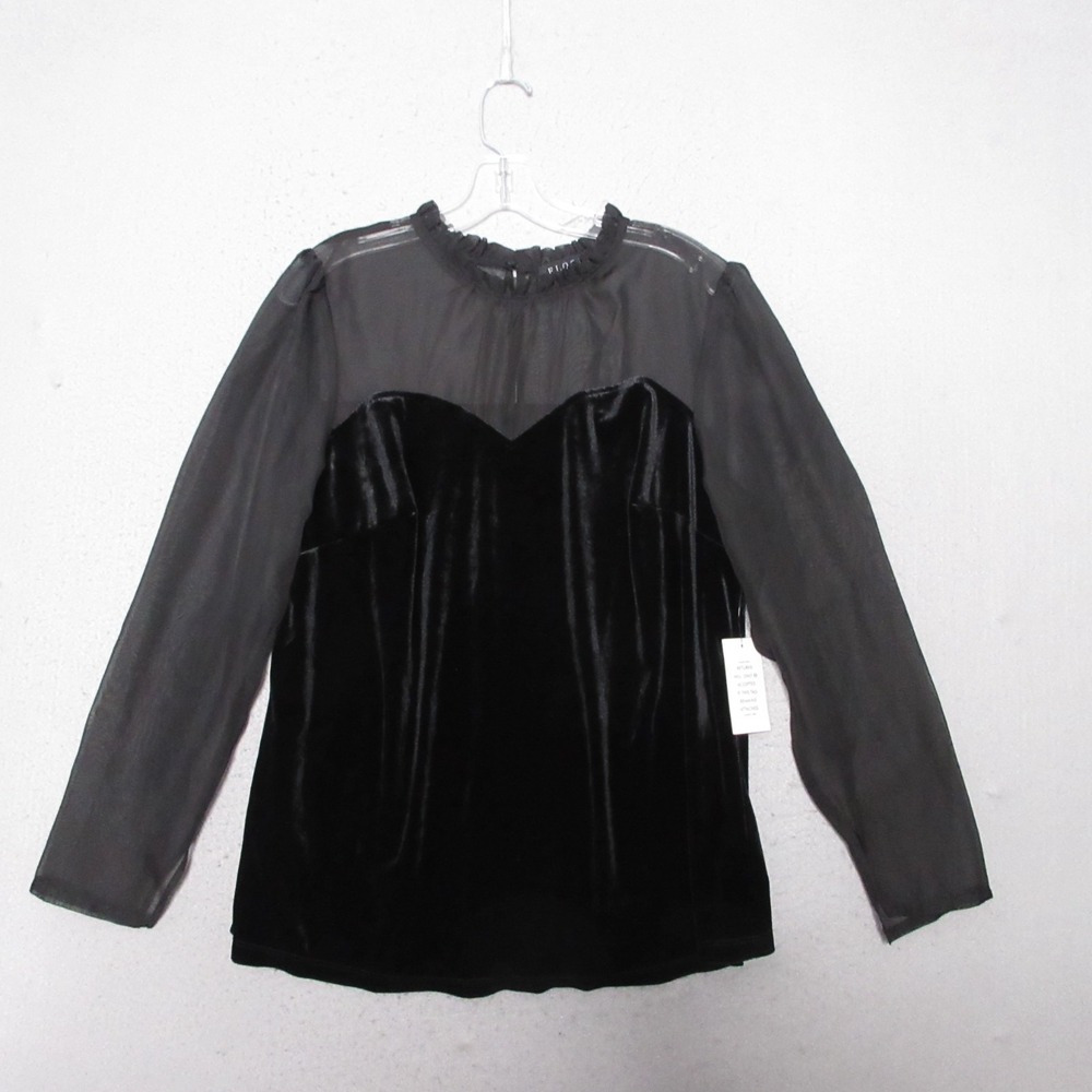 Eloquii Top Plus 16 Black Velvet Whimsigoth‎ Ruffle Neck Sheer Party Grunge NWT